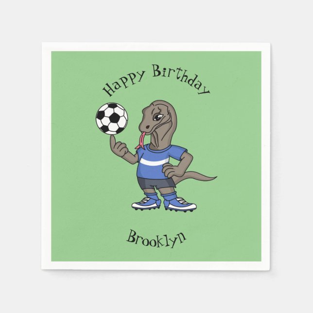 Cute funny Komodo dragon playing soccer cartoon Napkin (Front)