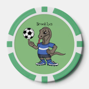 Cute funny Komodo dragon playing soccer cartoon Poker Chips