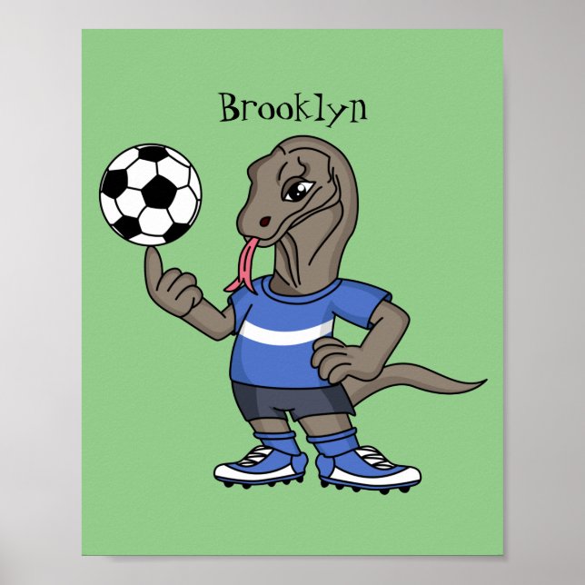Cute funny Komodo dragon playing soccer cartoon Poster (Front)