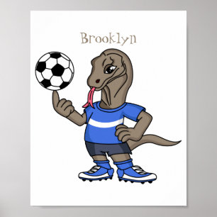Cute Funny Komodo Dragon Playing Soccer Cartoon T  Poster