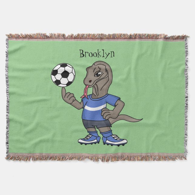 Cute funny Komodo dragon playing soccer cartoon Throw Blanket (Front)