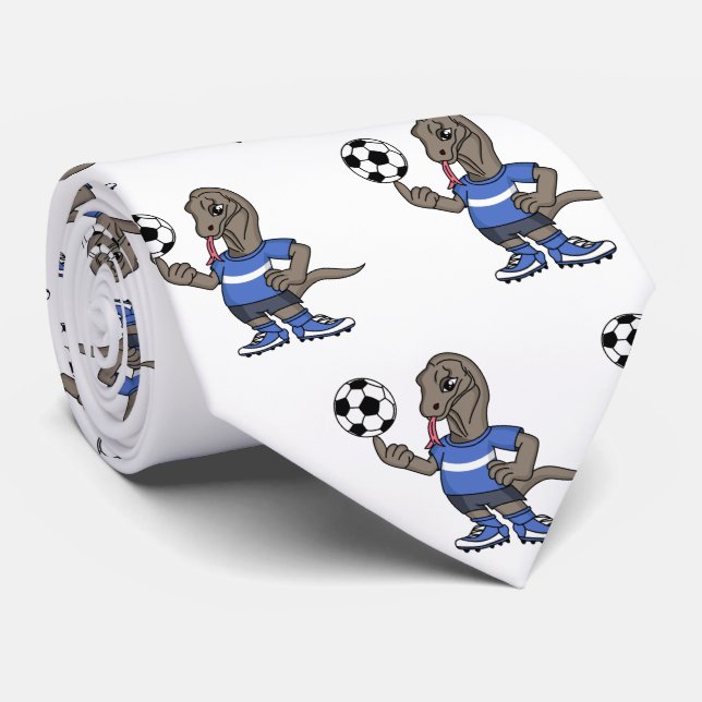 Cute funny Komodo dragon playing soccer cartoon Tie (Rolled)