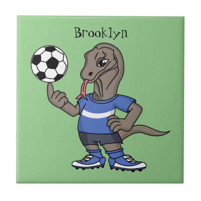 Cute funny Komodo dragon playing soccer cartoon Tile (Front)