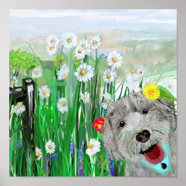 Cute, Funny Labradoodle Daisies Wall Art Poster (Front)