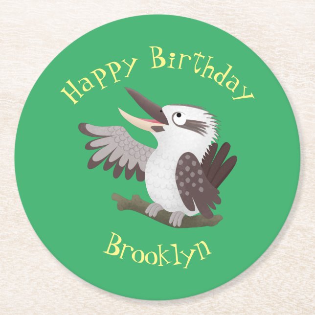 Cute funny laughing kookaburra cartoon round paper coaster (Front)