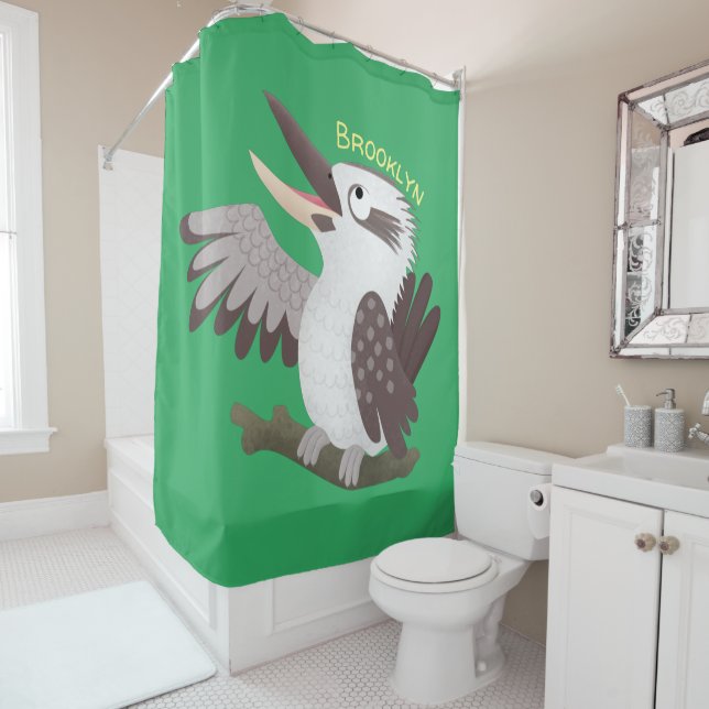 Cute funny laughing kookaburra cartoon shower curtain (In Situ)
