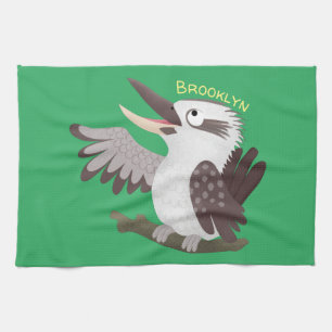 Cute funny laughing kookaburra cartoon tea towel