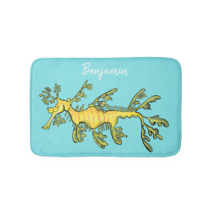 Cute funny leafy sea dragon cartoon illustration bath mat