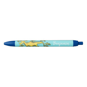 Cute funny leafy sea dragon cartoon illustration black ink pen