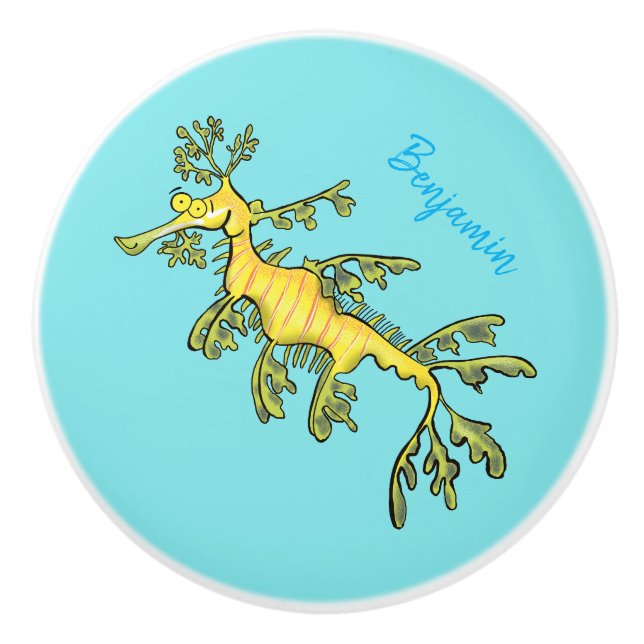 Cute funny leafy sea dragon cartoon illustration ceramic knob (Front)