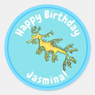 Cute funny leafy sea dragon cartoon illustration classic round sticker