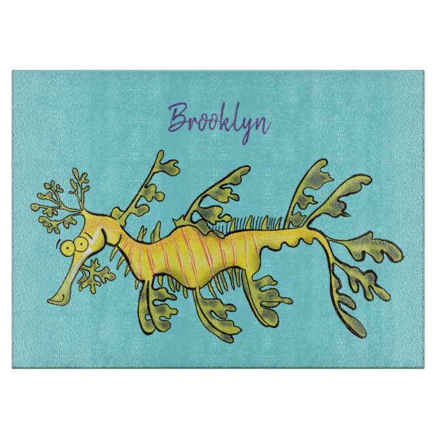 Cute funny leafy sea dragon cartoon illustration cutting board (Front)