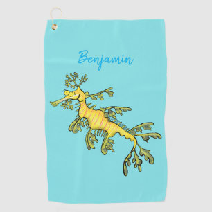 Cute funny leafy sea dragon cartoon illustration golf towel