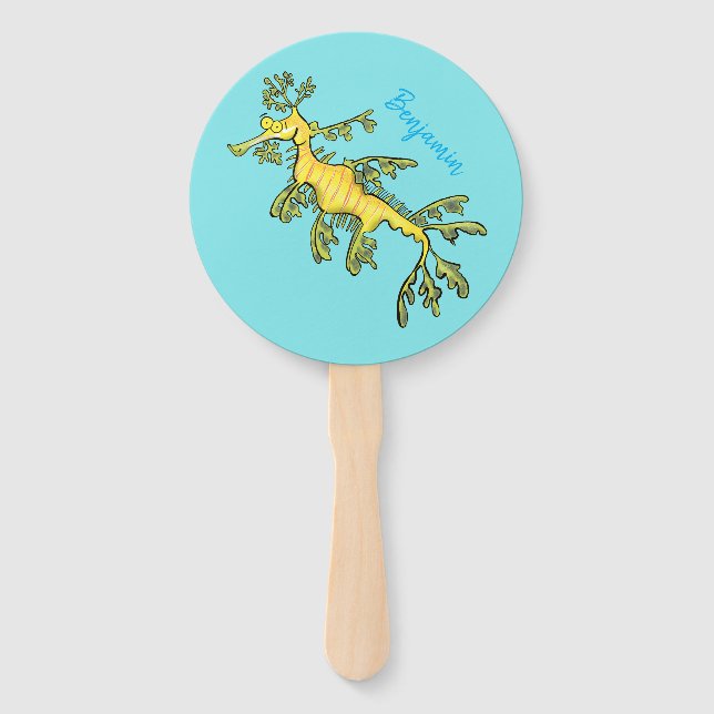 Cute funny leafy sea dragon cartoon illustration hand fan (Front)
