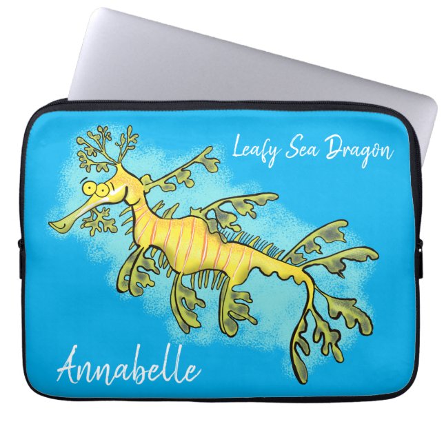 Cute funny leafy sea dragon cartoon illustration laptop sleeve (Front)