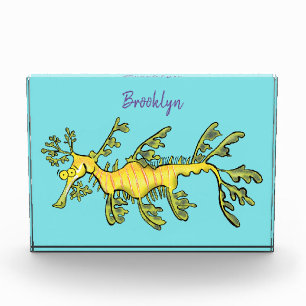 Cute funny leafy sea dragon cartoon illustration photo block