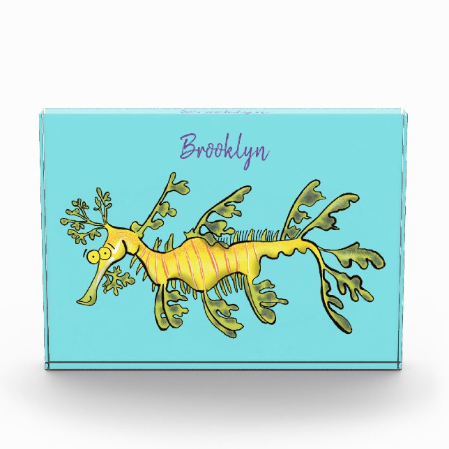 Cute funny leafy sea dragon cartoon illustration photo block (Front)