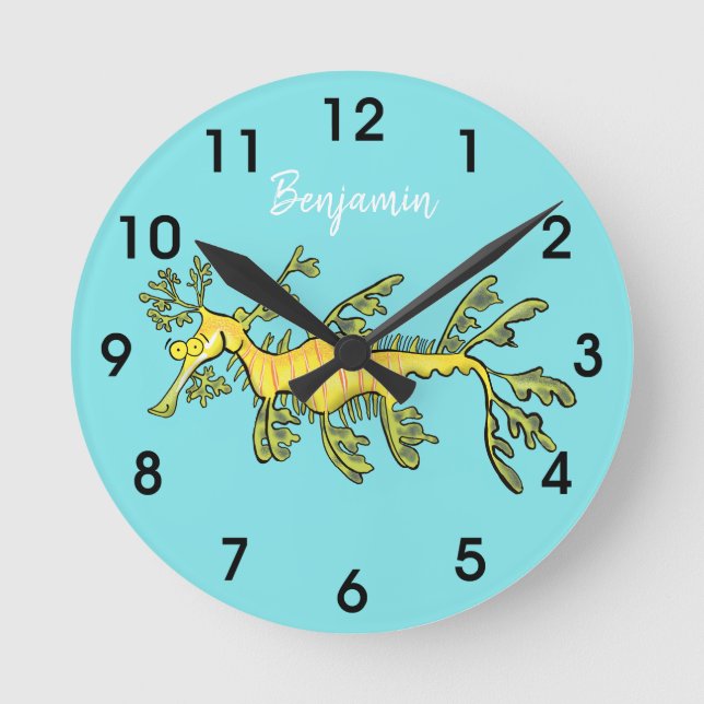 Cute funny leafy sea dragon cartoon illustration round clock (Front)