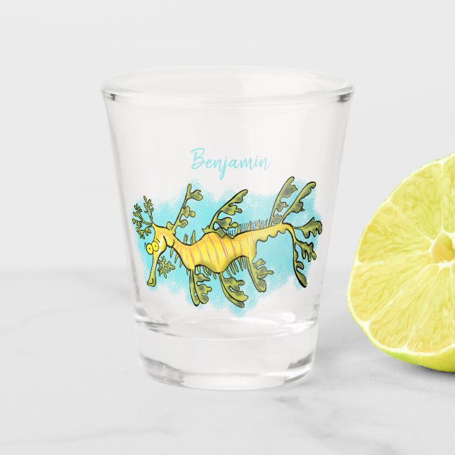 Cute funny leafy sea dragon cartoon illustration  shot glass (Front)