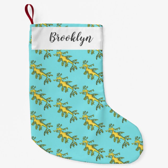 Cute funny leafy sea dragon cartoon illustration small christmas stocking (Front)