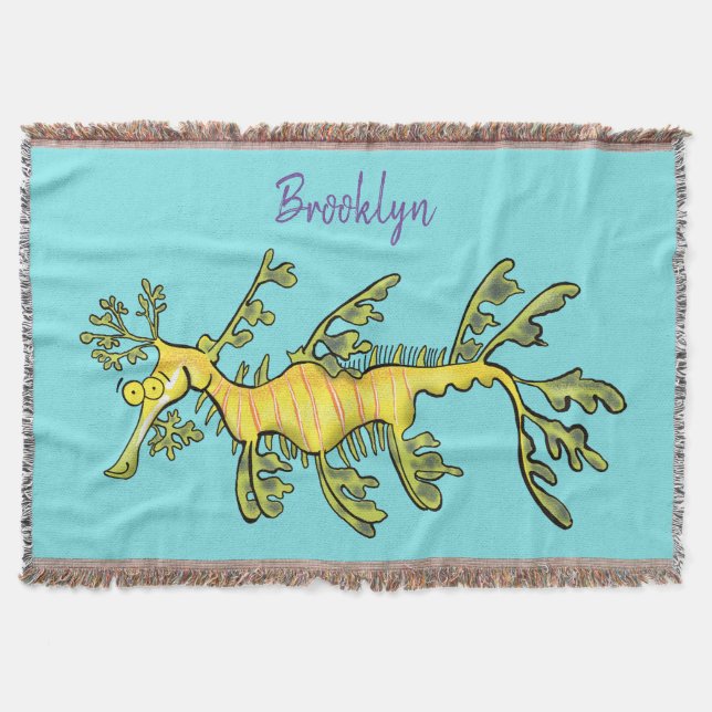 Cute funny leafy sea dragon cartoon illustration throw blanket (Front)