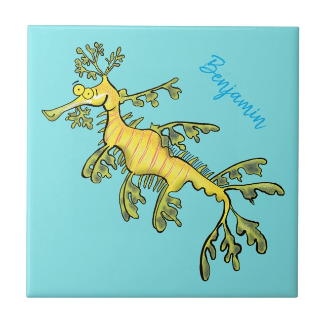 Cute funny leafy sea dragon cartoon illustration tile (Front)