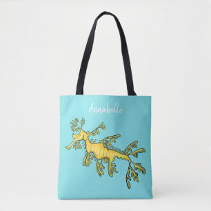 Cute funny leafy sea dragon cartoon illustration tote bag