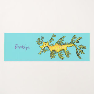 Cute funny leafy sea dragon cartoon illustration yoga mat