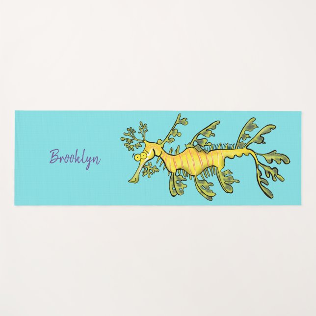 Cute funny leafy sea dragon cartoon illustration yoga mat (Front (Horizontal))