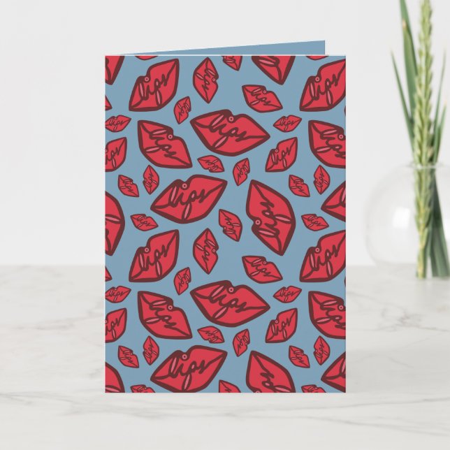 Cute Funny Lips Pattern Blue Background Card (Front)