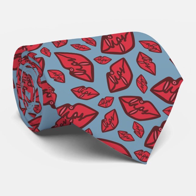 Cute Funny Lips Pattern Blue Tie (Rolled)