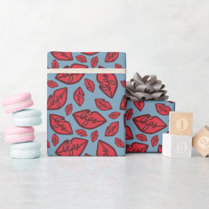 Cute Funny Lips Pattern Blue Wrapping Paper