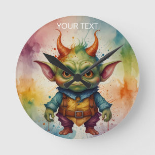 Cute funny little goblin creature vivid colour round clock