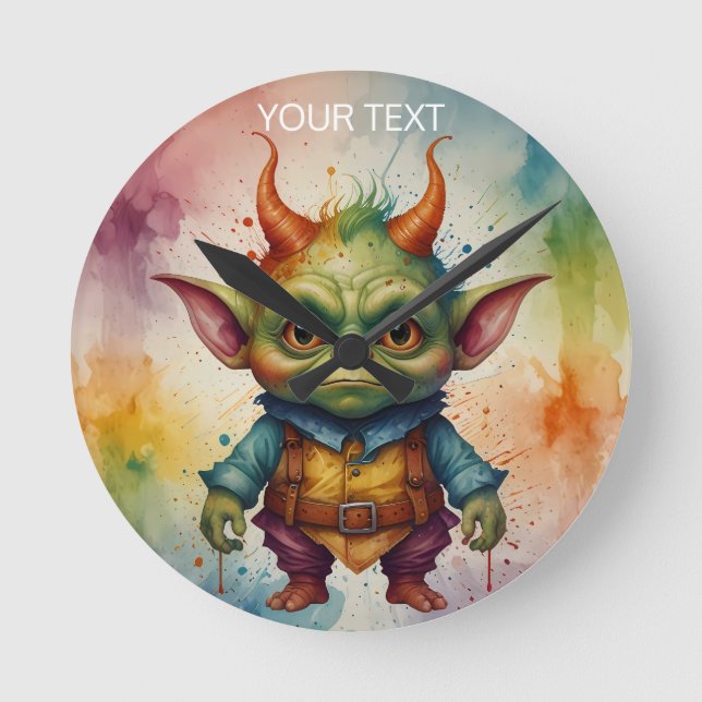 Cute funny little goblin creature vivid colour round clock (Front)
