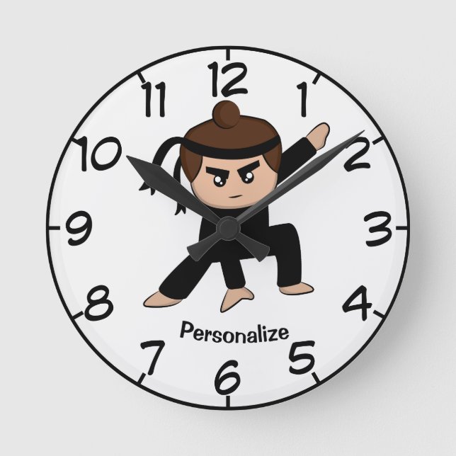 Cute & Funny Little Ninja Boy Cartoon Personalise Round Clock (Front)