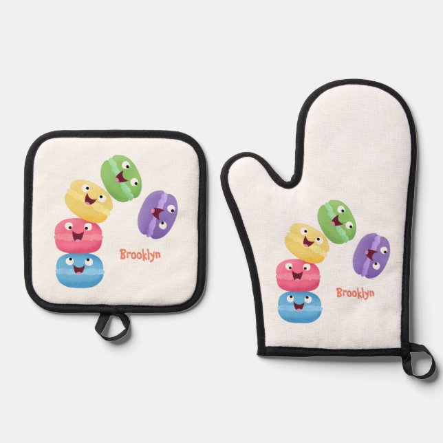 Cute funny macaroons cartoon illustration oven mitt & pot holder set (Front)