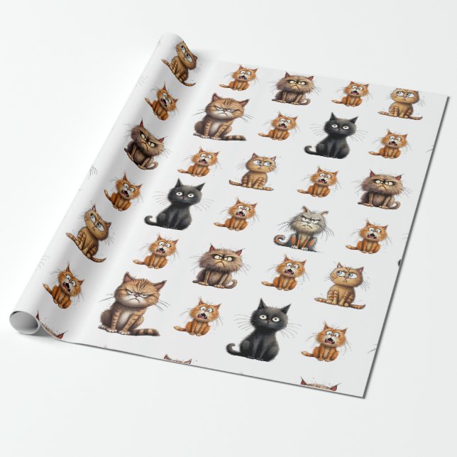 Cute Funny Mad Black, Orange and Grey Cats  Wrapping Paper (Unrolled)