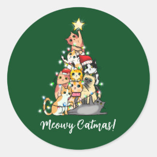 Cute Funny Meowy Catmas Cats Christmas Tree Classic Round Sticker