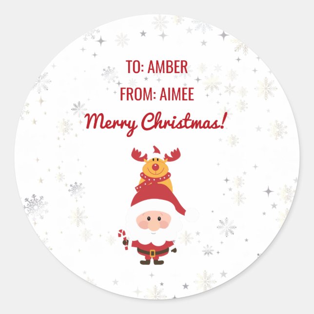 Cute Funny Modern Rudolph Santa Personalise Names Classic Round Sticker (Front)
