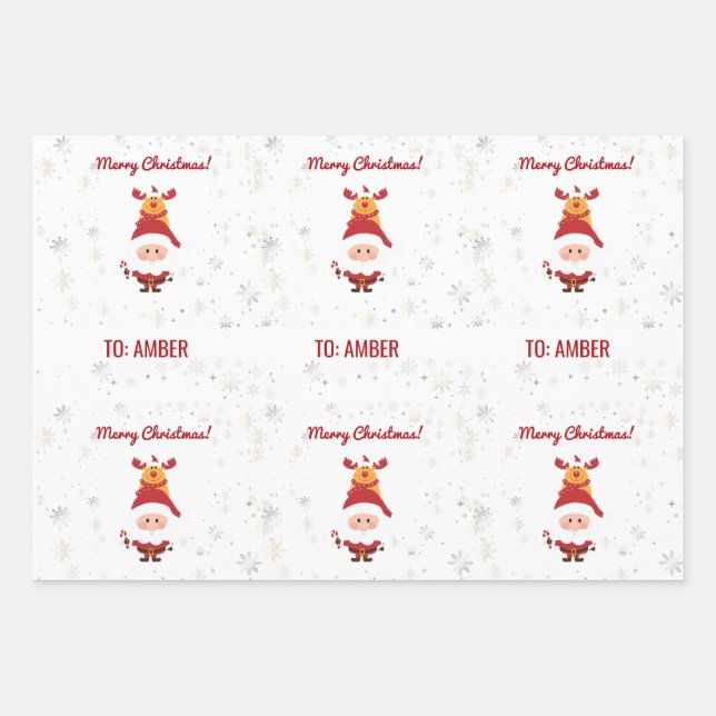 Cute Funny Modern Rudolph Santa Personalised Name  Wrapping Paper Sheet (Front)