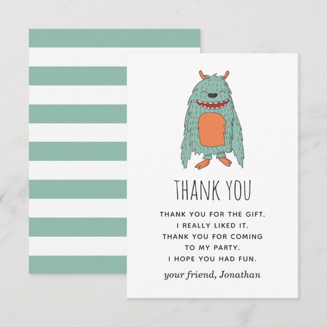 Cute funny monster. Animal kids boy birthday Thank You Card (Front/Back)