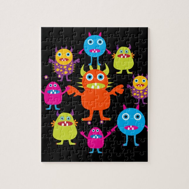 Cute Funny Monster Party Creatures in Circle Jigsaw Puzzle (Vertical)