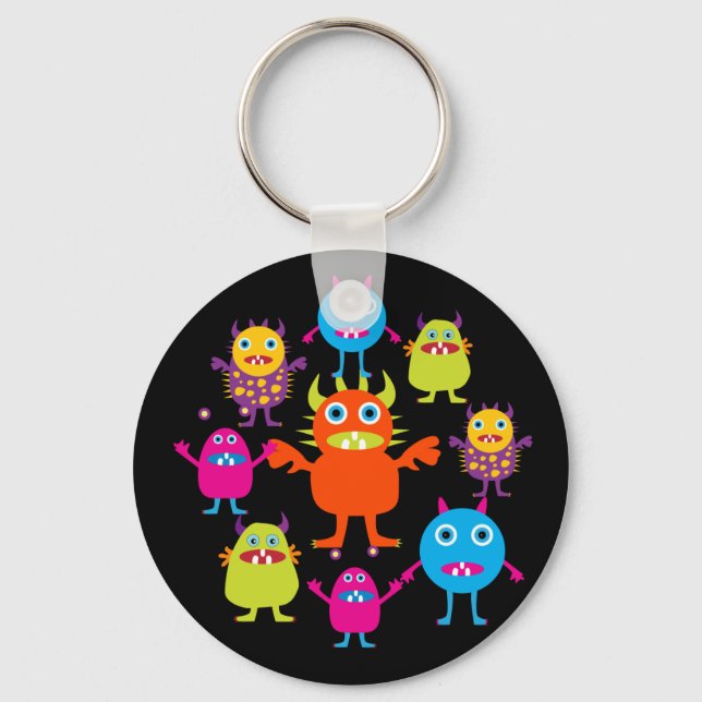 Cute Funny Monster Party Creatures in Circle Key Ring (Front)
