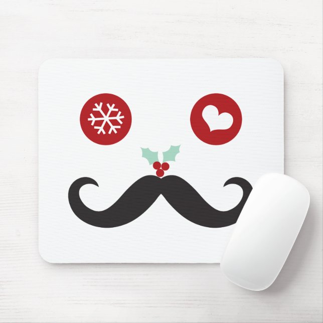 Cute Funny Moustache Silly Face Snowflake Holiday Mouse Mat (With Mouse)