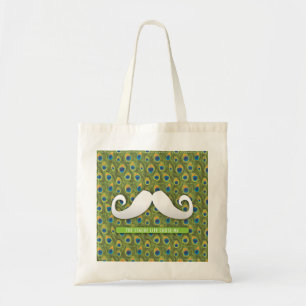Cute Funny Moustache Tote Bag with Peacock Print