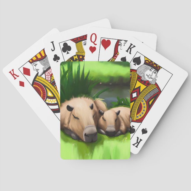 Cute Funny Napping Capybaras by the Pond Playing Cards (Back)
