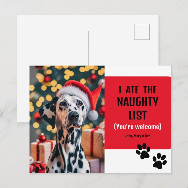 Cute Funny Naughty List Pet Photo Christmas Red Postcard (Front/Back)