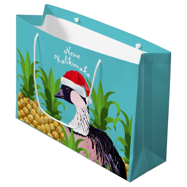 Cute & Funny Nene Kalikimaka Hawaii Christmas Pun Large Gift Bag (Front Angled)