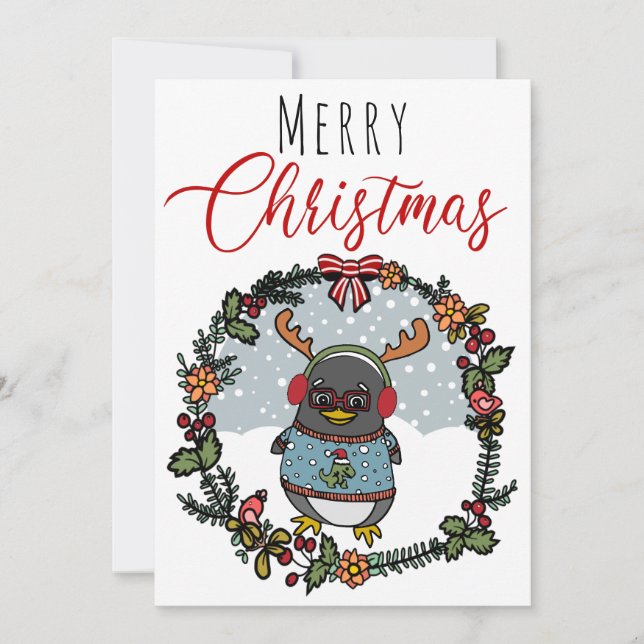 Cute Funny Nerd Penguin Cartoon Merry Christmas Holiday Card (Front)