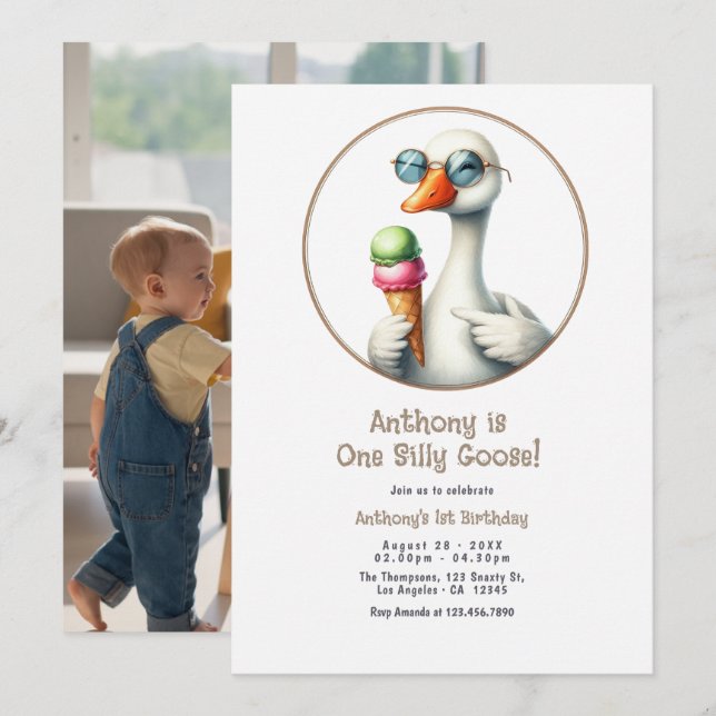 Cute Funny One Silly Goose First Birthday Photo Invitation (Front/Back)